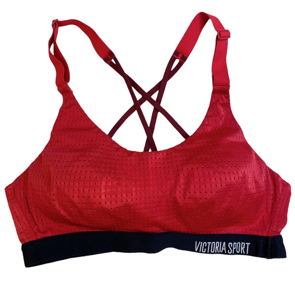 Victoria’s Secret Red and black silky jersey sports bra. Open detailed back, pad